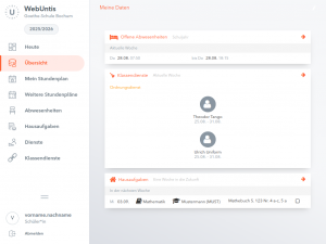 Screenshot der WebUntis-Übersichtsseite für Schülerinnen und Schüler. Zu sehen sind die Bereiche „Abwesenheiten“, „Klassendienste“ und „Hausaufgaben“.